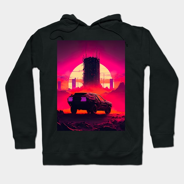 Dystopian Cyberpunk City And Retro Futuristic Car In Synthwave Aesthetic Hoodie by Nightarcade